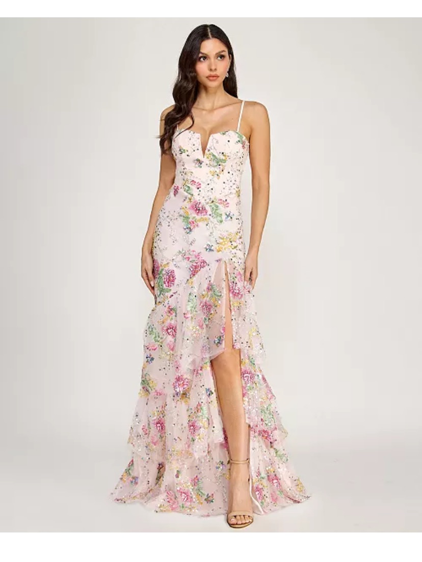 Pink Floral Spaghetti-Strap Gown Wedding/Prom Size 7/8